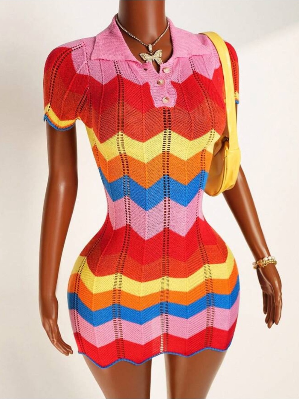 Vibrant Rainbow Chevron Knit Polo Mini Dress - Pink/Red/Yellow